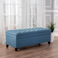 Storage Ottoman with Birch Legs, Hand-Tufted Fabric, 50" L x 20.5" W x 18.25" H, Spot Clean, Blue(m-5)