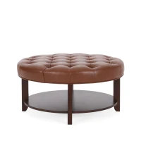Round Ottoman with Faux Leather Upholstery, Button Tufting, Rubberwood Frame, and Open Shelf, Contemporary Design, 32" L x 32" W x 17" H, Light Brown(m-8)