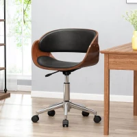 Vinsetto Mid-Century Modern Office Chair, Faux Leather Upholstery, Bentwood Design, Adjustable Height with Swivel, Rolling Casters, 23"x23"x29.25", Black+Dark Walnut(m-4)