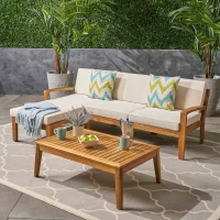 Transitional L-Shaped Patio Furniture Set, Acacia Wood Frame with Water-Resistant Cushions and Slat Panel Design, 27" L x 29.5" W x 26.25" H, Beige(m-1)