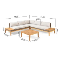 Loft Outdoor Acacia Wood and Wicker 5 Seater Sectional Sofa Set with Water-Resistant Cushions, Built-In Side Tables, and Durable Polyethylene Rattan, 64"x30"x27", Teak(m-3)