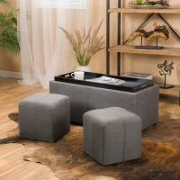 Storage Ottoman Bench with 2 Nested Ottoman Cubes, Wood Construction with Fabric Upholstery, Pre-Assembled, 34.25" L x 16.8" W x 16" H, Gray(m-1)