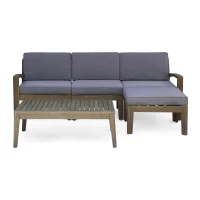 Transitional L-Shaped Patio Furniture Set, Acacia Wood Frame with Water-Resistant Cushions and Slat Panel Design, 27" L x 29.5" W x 26.25" H, Gray(m-8)