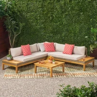 Loft Outdoor Acacia Wood and Wicker 5 Seater Sectional Sofa Set with Water-Resistant Cushions, Built-In Side Tables, and Durable Polyethylene Rattan, 64"x30"x27", Teak(m-5)