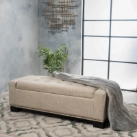 Storage Ottoman with Studs, Hinged Lid, Tufted Top, and Birch Legs, 50.85" L x 19.5" W x 17" H, Wheat(m-5)