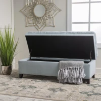 Storage Ottoman with Birch Legs, Hand-Tufted Fabric, 50" L x 20.5" W x 18.25" H, Spot Clean, Light Blue Gray(m-4)
