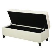Storage Ottoman with Birch Legs, Faux Leather Tufted, 50" L x 20.5" W x 18.25" H, Spot Clean, Ivory(m-7)