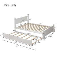 Vinsetto Full Size Solid Wood Platform Bed Frame with Trundle, No Box Spring Needed, Pine Wood and MDF, 79.9"L x 56.2"W x 39"H, White(m-3)