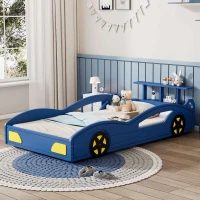Car-Shaped Platform Twin Bed with Wheels and Storage Space, Safety Rails, Wooden Race Car Bed, 77.6" x 41.3" x 20.6", Blue(m-4)