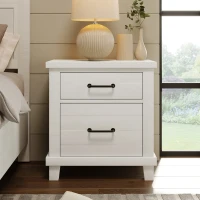 Vinsetto Rustic Farmhouse Solid Pine Wood Nightstand with Two Drawers, Whitewash Finish, Distressed Details, and Barn Door-Inspired Design, 24" x 16.9" x 25.8", White(m-4)