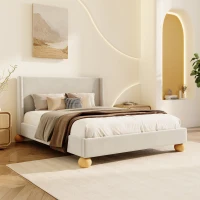 Vinsetto Modern King Size Velvet Upholstered Platform Bed with Wingback Headboard and Round Wooden Legs, No Box Spring Needed, 85”L X 82.7”W X 42.9”H, Cream(m-1)