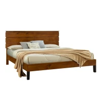 Mid-Century Modern Solid Wood King Bed Frame with Three-Piece Headboard, No Box Spring Needed, Easy Assembly, Brown(m-2)
