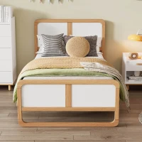 Vinsetto Modern Twin Size Solid Wood Platform Bed for Kids, Teens, Adults, No Box Spring Needed, Pine Wood Frame, 220 LBS Weight Capacity, 78.1"x41.4"x40.1", White+Walnut(m-4)