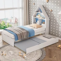 Twin Size House-Shaped Bed with Bookcase Headboard, LED Light, and Trundle for Kids, Solid Pine and MDF Construction, 79.92" x 18.31" x 5.91", White+Blue(m-5)