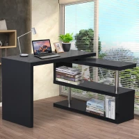HOMCOM 360 Degree Rotating Corner Computer Desk Modern L-Shaped Home Office Workstation with 2 Storage Shelves, Bookshelf, Black(m-10)