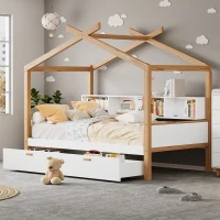 Twin Size Wooden House Bed with Two Drawers and Bookshelf Storage, Pinewood Frame, 80" x 40.5" x 67", White+Natural(m-5)