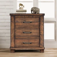 Rustic Three Drawer Reclaimed Solid Wood Farmhouse Nightstand with Full Extension Drawer Glides and Bronze Iron Handles, 24" x 17" x 25.6", Natural(m-5)