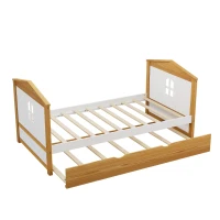 Twin Size House Shape Bed with Trundle, Wooden Bed Frame for Kids, No Box Spring Needed, Pine Wood and MDF, 78.1”L X 42.3”W X 37.2”H, White+Walnut(m-5)