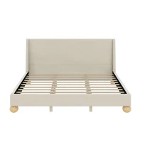 Vinsetto Modern King Size Velvet Upholstered Platform Bed with Wingback Headboard and Round Wooden Legs, No Box Spring Needed, 85”L X 82.7”W X 42.9”H, Cream(m-6)