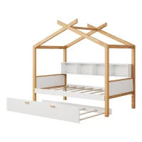 Twin Size Wooden House Bed with Trundle and Bookshelf Storage, Pinewood Frame, 80" x 40.5" x 67", White+Natural(m-2)