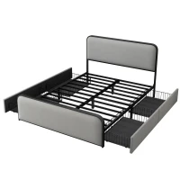 Vinsetto Modern Queen Size Metal Bed Frame with Curved Upholstered Headboard and Footboard, 4 Storage Drawers, Heavy Duty Metal Slats, Grey(m-8)
