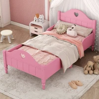 Girl's Princess Twin Toddler Bed with Side Safety Rails, Headboard and Footboard, Solid Wood Frame, 79.9" x 41.3" x 38", Light Pink(m-4)