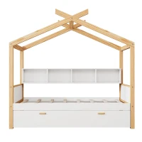 Twin Size Wooden House Bed with Two Drawers and Bookshelf Storage, Pinewood Frame, 80" x 40.5" x 67", White+Natural(m-7)