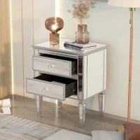 Elegant Mirrored Side Table with 2 Drawers, Modern Silver Finish, Crystal Handles, and Arrow-Shape Legs, 24" x 18.1" x 28.3", Silver(m-1)
