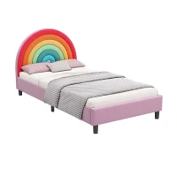 Rainbow Design Upholstered Twin Platform Bed, Cute Style Princess Bed for Boys & Girls, Sturdy Construction, No Box Spring Needed, Kids-Friendly, 80.3”L x 41.33”W x 38”H, Colorful+Pink(m-2)