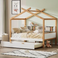 Twin Size Wooden House Bed with Trundle and Bookshelf Storage, Pinewood Frame, 80" x 40.5" x 67", White+Natural(m-1)