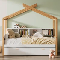 Twin Size Wooden House Bed with Two Drawers and Bookshelf Storage, Pinewood Frame, 80" x 40.5" x 67", White+Natural(m-4)