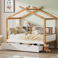 Twin Size Wooden House Bed with Two Drawers and Bookshelf Storage, Pinewood Frame, 80" x 40.5" x 67", White+Natural(m-1)