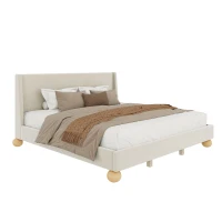 Vinsetto Modern King Size Velvet Upholstered Platform Bed with Wingback Headboard and Round Wooden Legs, No Box Spring Needed, 85”L X 82.7”W X 42.9”H, Cream(m-2)