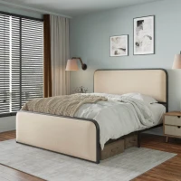 Vinsetto Modern Full Size Metal Bed Frame with Curved Upholstered Headboard and Footboard, Under Bed Storage, Heavy Duty Metal Slats, Beige(m-4)