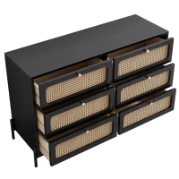 Modern Cannage Rattan Wood Closet 6-Drawer Dresser, Storage Cabinet Sideboard for Bedroom, Living Room, Entryway, Hallway, 47" x 15.7" x 30", Black(m-7)