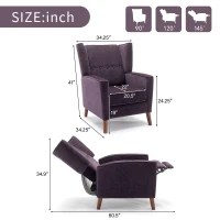 Mid Century Chenille Wingback Recliner Chair with Armrest and Solid Wood Legs, Button Tufted Pushback Recliner, 34.25" x 34.25" x 41.0", Purple(m-3)