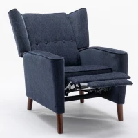 Mid Century Chenille Wingback Recliner Chair with Armrest and Solid Wood Legs, Button Tufted Pushback Recliner, 34.25" x 34.25" x 41.0", Navy Blue(m-12)