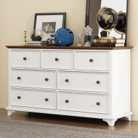 Wooden Captain Seven-Drawer Dresser for Bedroom, Living Room, Kids' Room, Solid Pine, Plywood, and MDF, 61" x 19.7" x 34.8", White+Walnut(m-1)
