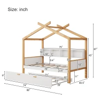 Twin Size Wooden House Bed with Trundle and Bookshelf Storage, Pinewood Frame, 80" x 40.5" x 67", White+Natural(m-3)