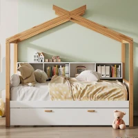 Twin Size Wooden House Bed with Trundle and Bookshelf Storage, Pinewood Frame, 80" x 40.5" x 67", White+Natural(m-4)
