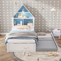 Twin Size House-Shaped Bed with Bookcase Headboard, LED Light, and Trundle for Kids, Solid Pine and MDF Construction, 79.92" x 18.31" x 5.91", White+Blue(m-1)