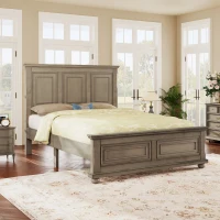Vinsetto Traditional Town and Country Style Pinewood Vintage Full Bed with Decorative Fretwork, Solid Frame, and No Box Spring Needed, 74" x 58.7" x 52.8", Stone Gray(m-1)