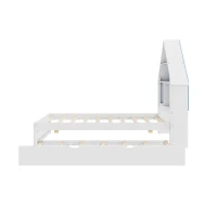 Twin Size House-Shaped Bed with Bookcase Headboard, LED Light, and Trundle for Kids, Solid Pine and MDF Construction, 79.92" x 18.31" x 5.91", White+Blue(m-9)