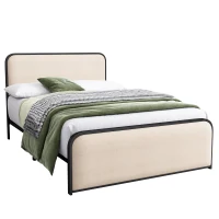 Vinsetto Modern Full Size Metal Bed Frame with Curved Upholstered Headboard and Footboard, Under Bed Storage, Heavy Duty Metal Slats, Beige(m-2)
