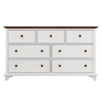 Wooden Captain Seven-Drawer Dresser for Bedroom, Living Room, Kids' Room, Solid Pine, Plywood, and MDF, 61" x 19.7" x 34.8", White+Walnut(m-8)