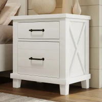 Vinsetto Rustic Farmhouse Solid Pine Wood Nightstand with Two Drawers, Whitewash Finish, Distressed Details, and Barn Door-Inspired Design, 24" x 16.9" x 25.8", White(m-1)