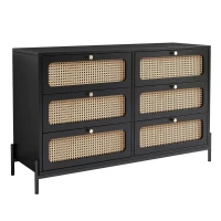Modern Cannage Rattan Wood Closet 6-Drawer Dresser, Storage Cabinet Sideboard for Bedroom, Living Room, Entryway, Hallway, 47" x 15.7" x 30", Black(m-6)