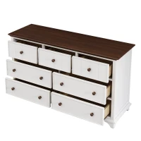 Wooden Captain Seven-Drawer Dresser for Bedroom, Living Room, Kids' Room, Solid Pine, Plywood, and MDF, 61" x 19.7" x 34.8", White+Walnut(m-6)