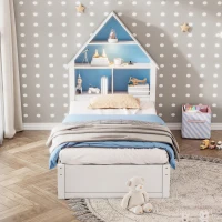 Twin Size House-Shaped Bed with Bookcase Headboard, LED Light, and Trundle for Kids, Solid Pine and MDF Construction, 79.92" x 18.31" x 5.91", White+Blue(m-4)