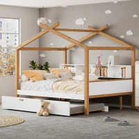 Twin Size Wooden House Bed with Trundle and Bookshelf Storage, Pinewood Frame, 80" x 40.5" x 67", White+Natural(m-5)